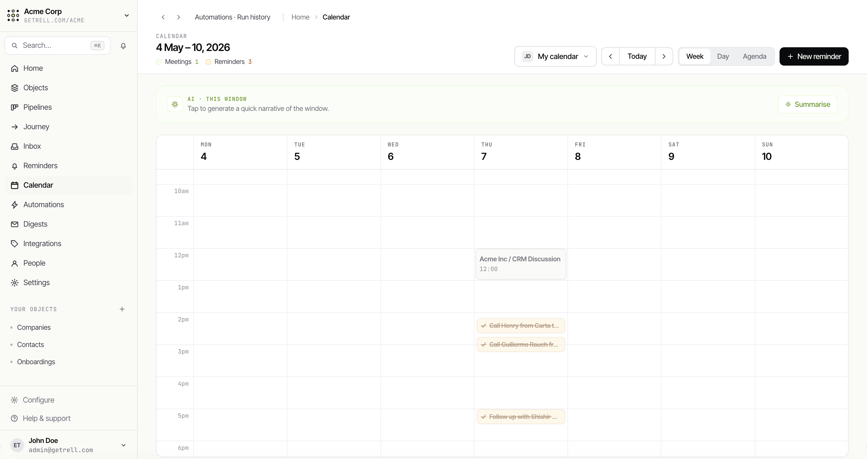 Rell calendar view — date-based records laid out on a month grid