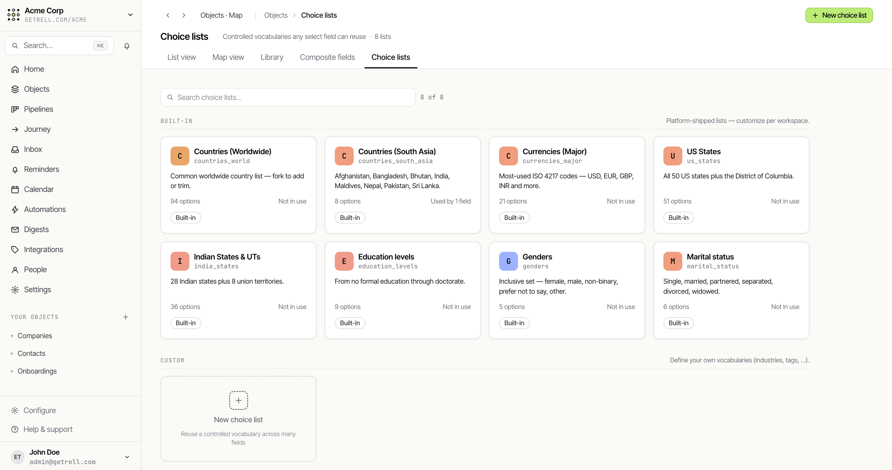 Rell choice lists — shared, reusable option sets for single- and multi-select fields