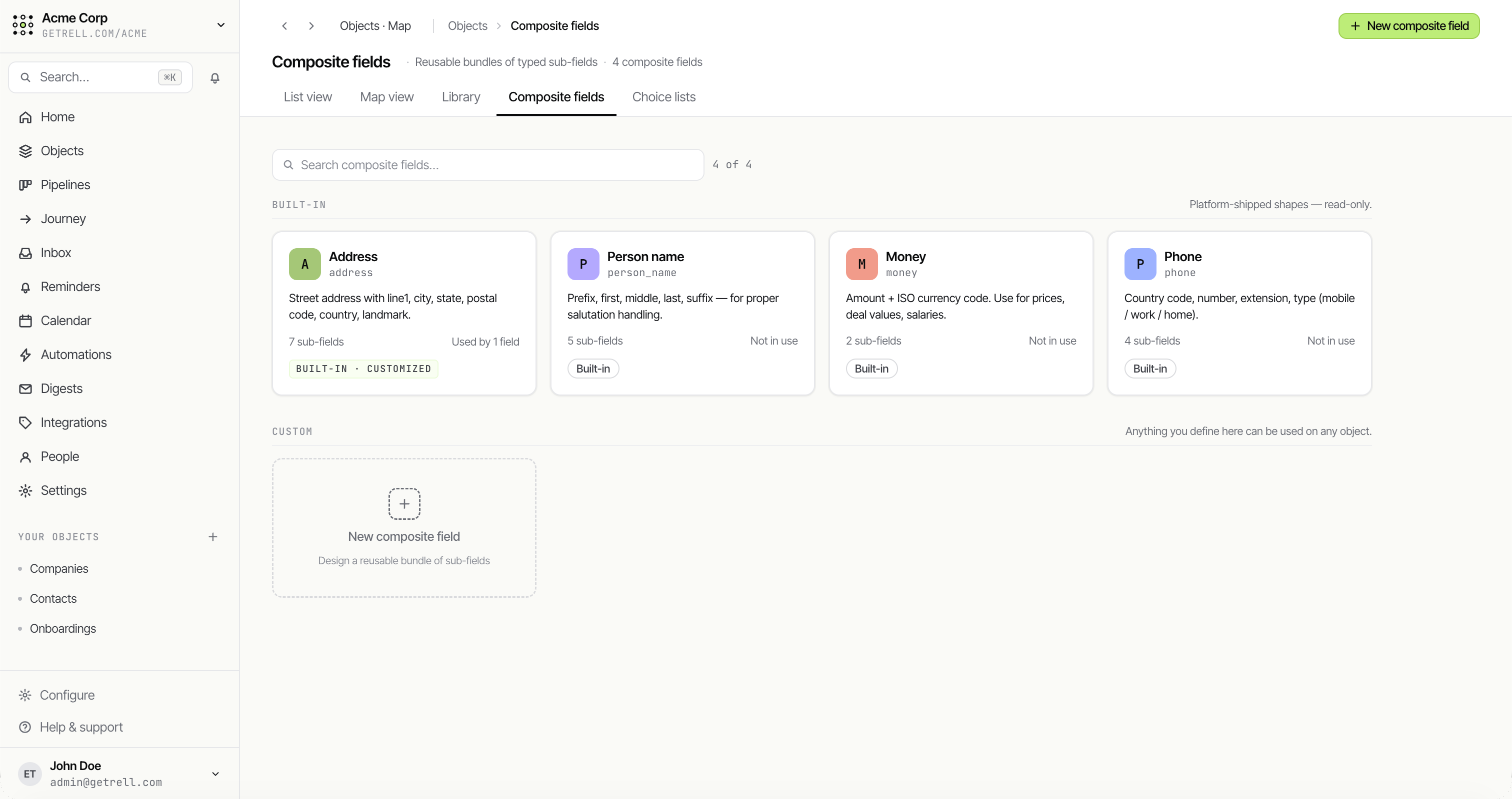 Rell composite fields — reusable bundles of typed sub-fields like Address, Person name, Money and Phone