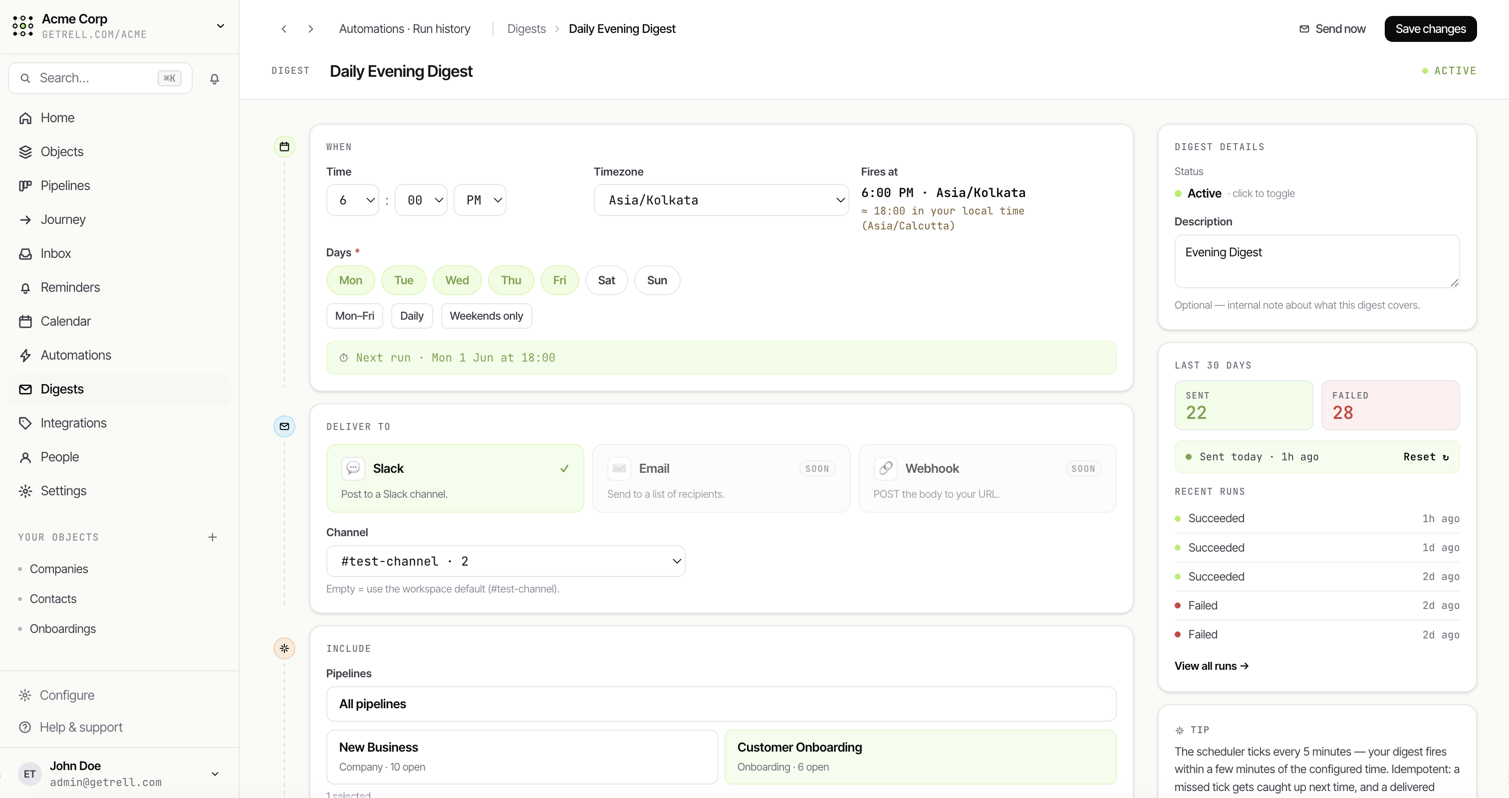 Rell digest builder — schedule a digest delivered to Slack, email or webhook