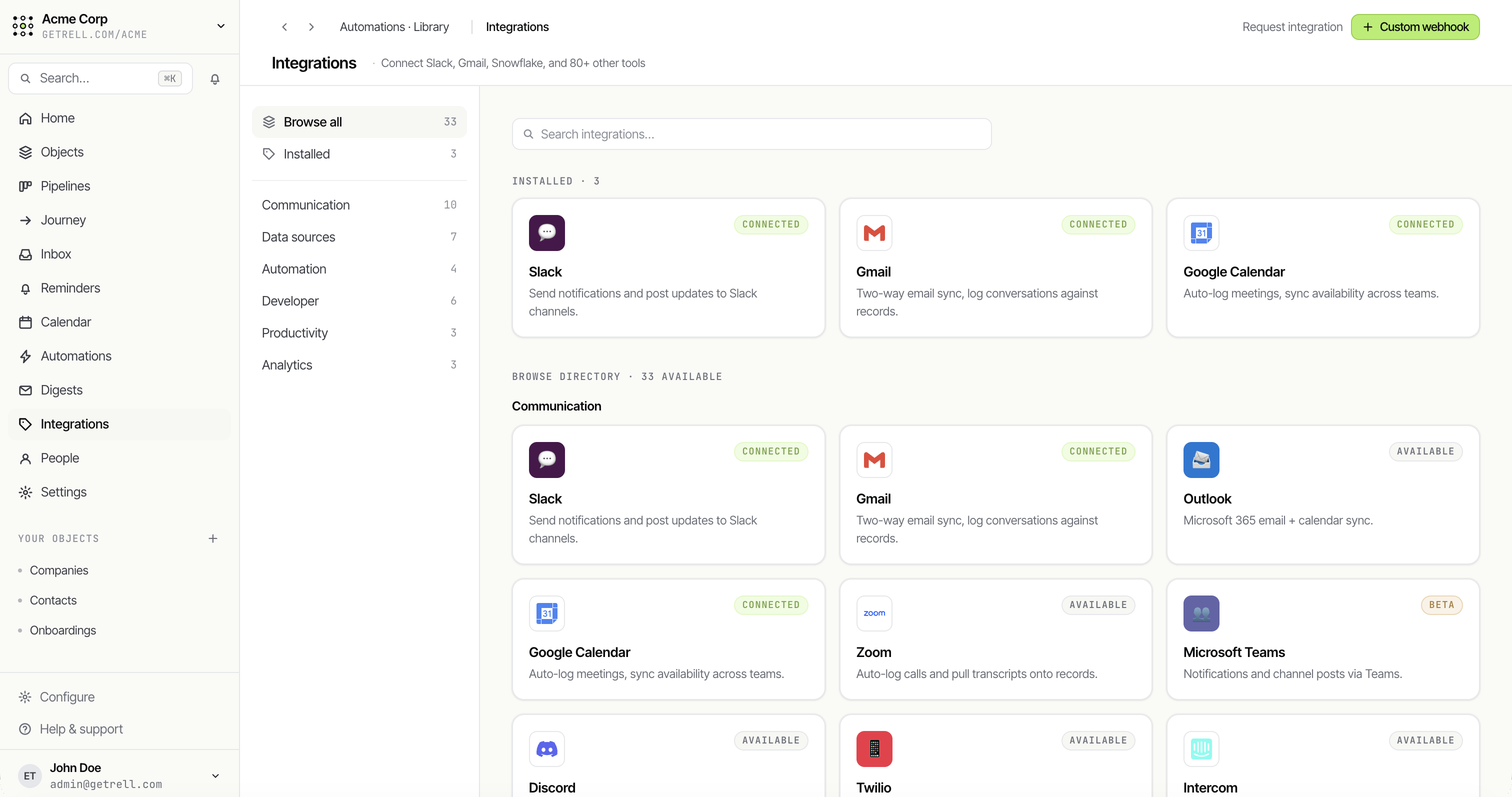 Rell integrations directory — Slack, Gmail, Calendar, Zoom and more connectors