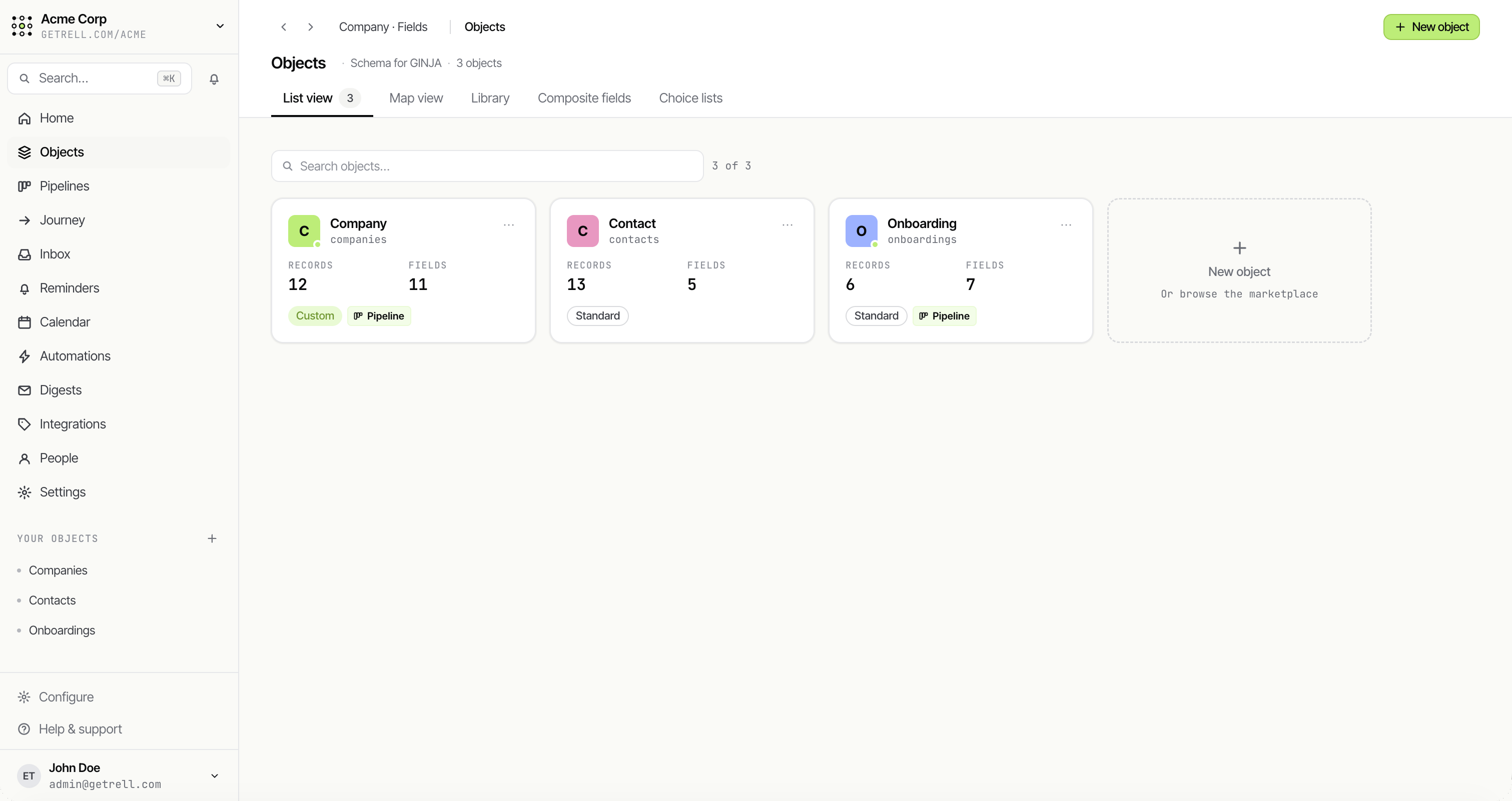 Rell objects list — every object in the workspace with its field and record counts