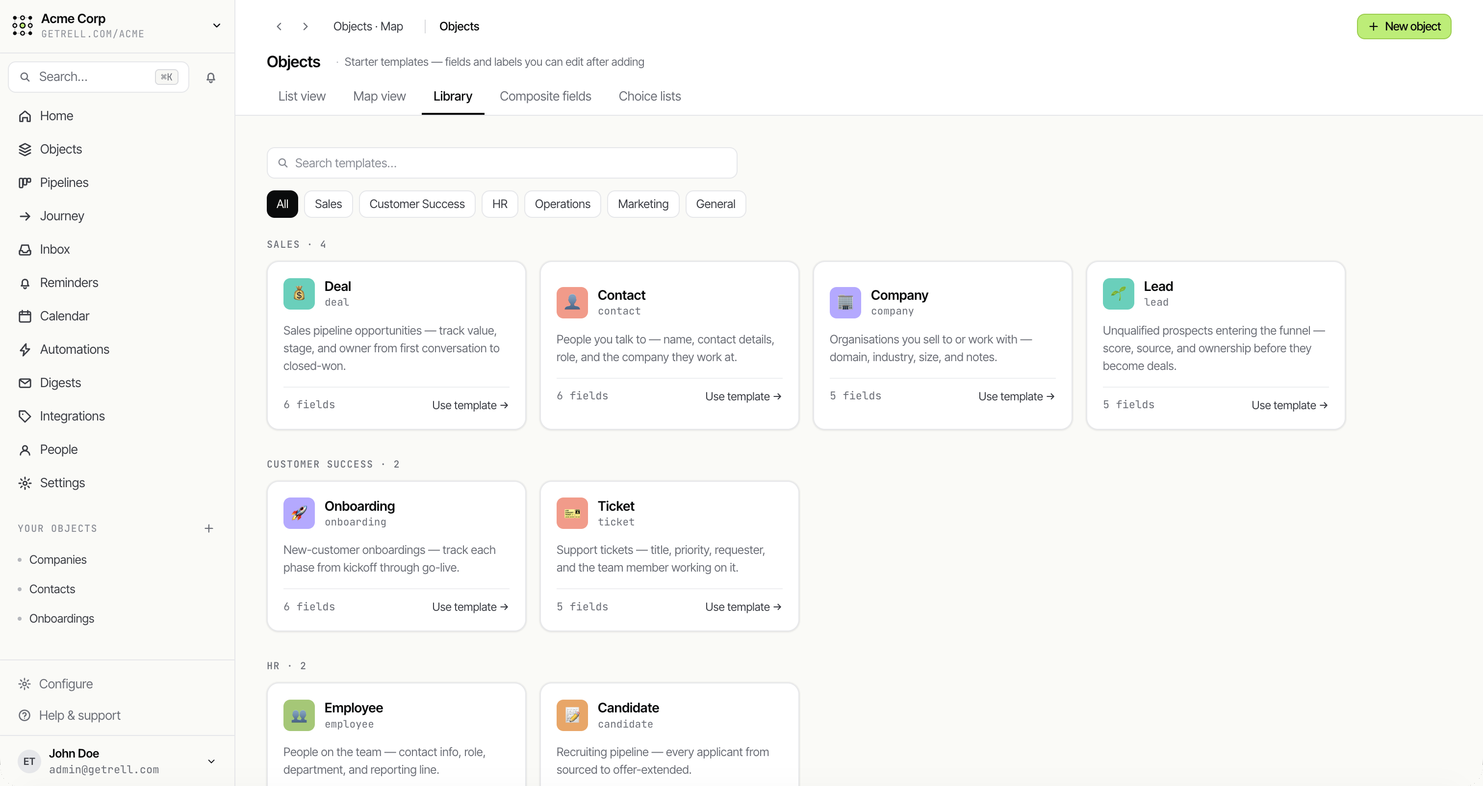 Rell objects library — starter templates (Deal, Contact, Company, Lead, Onboarding, Ticket…) grouped by team
