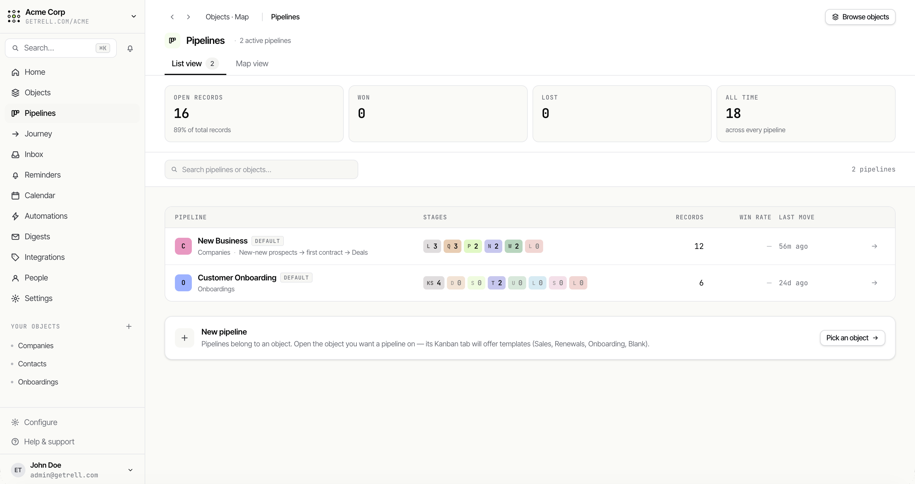 Rell pipelines hub — open, won and lost stats with per-pipeline stage breakdowns
