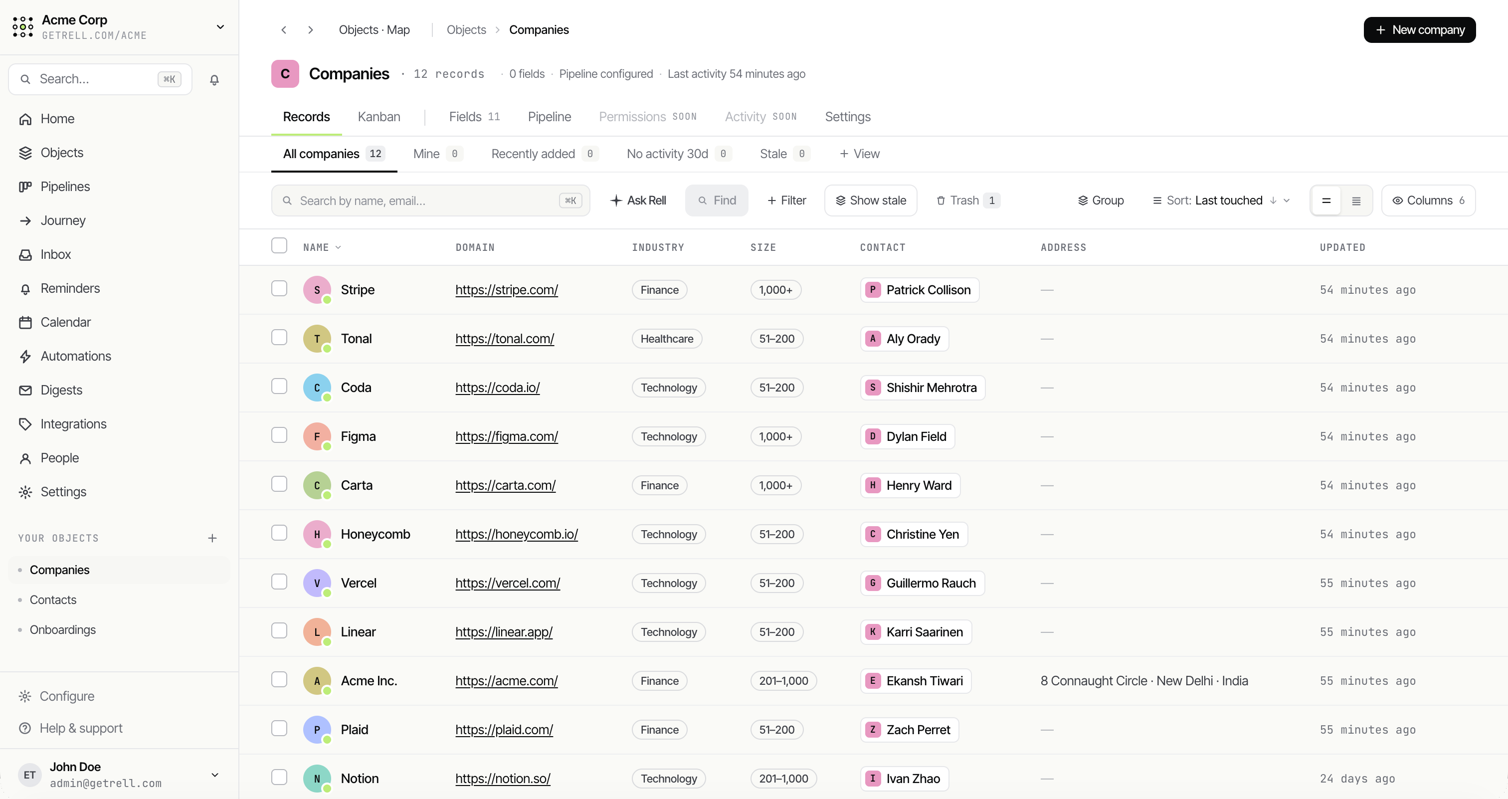 Rell list view — a filterable, sortable table of records